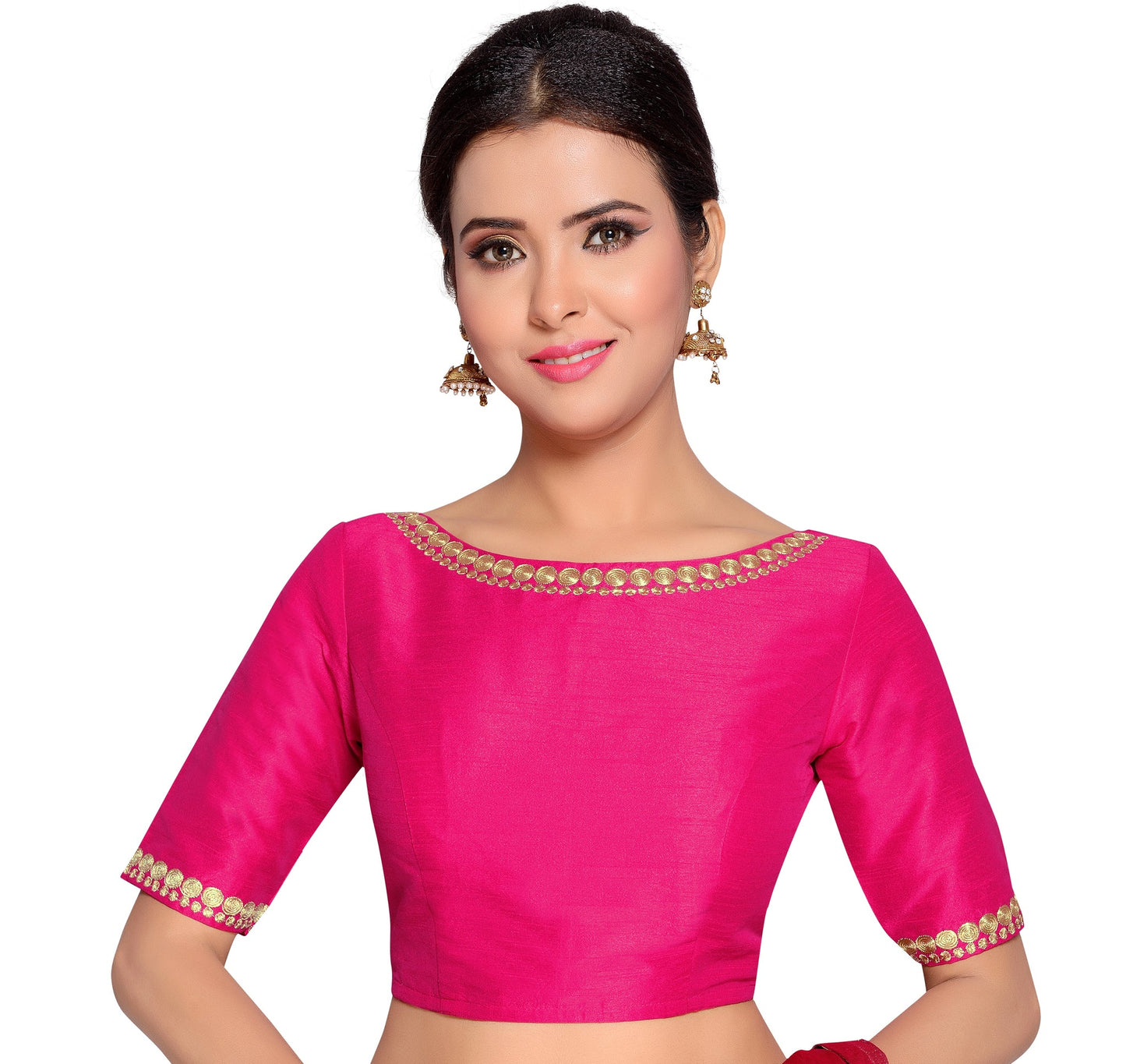 Hot Pink Polyester Blouse with Embroidered Elegance