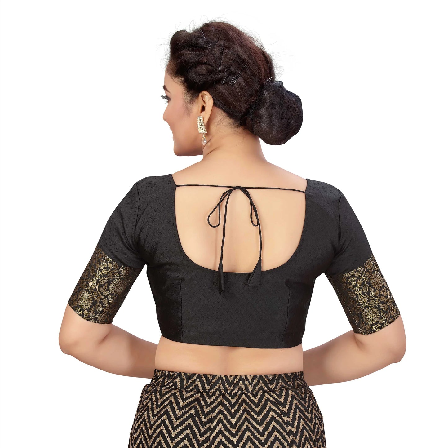 Black Brocade Polyester Blouse with Golden Kanjivaram Border