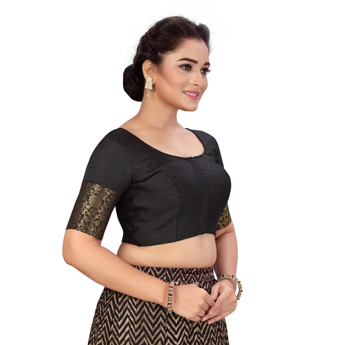 Black Brocade Polyester Blouse with Golden Kanjivaram Border