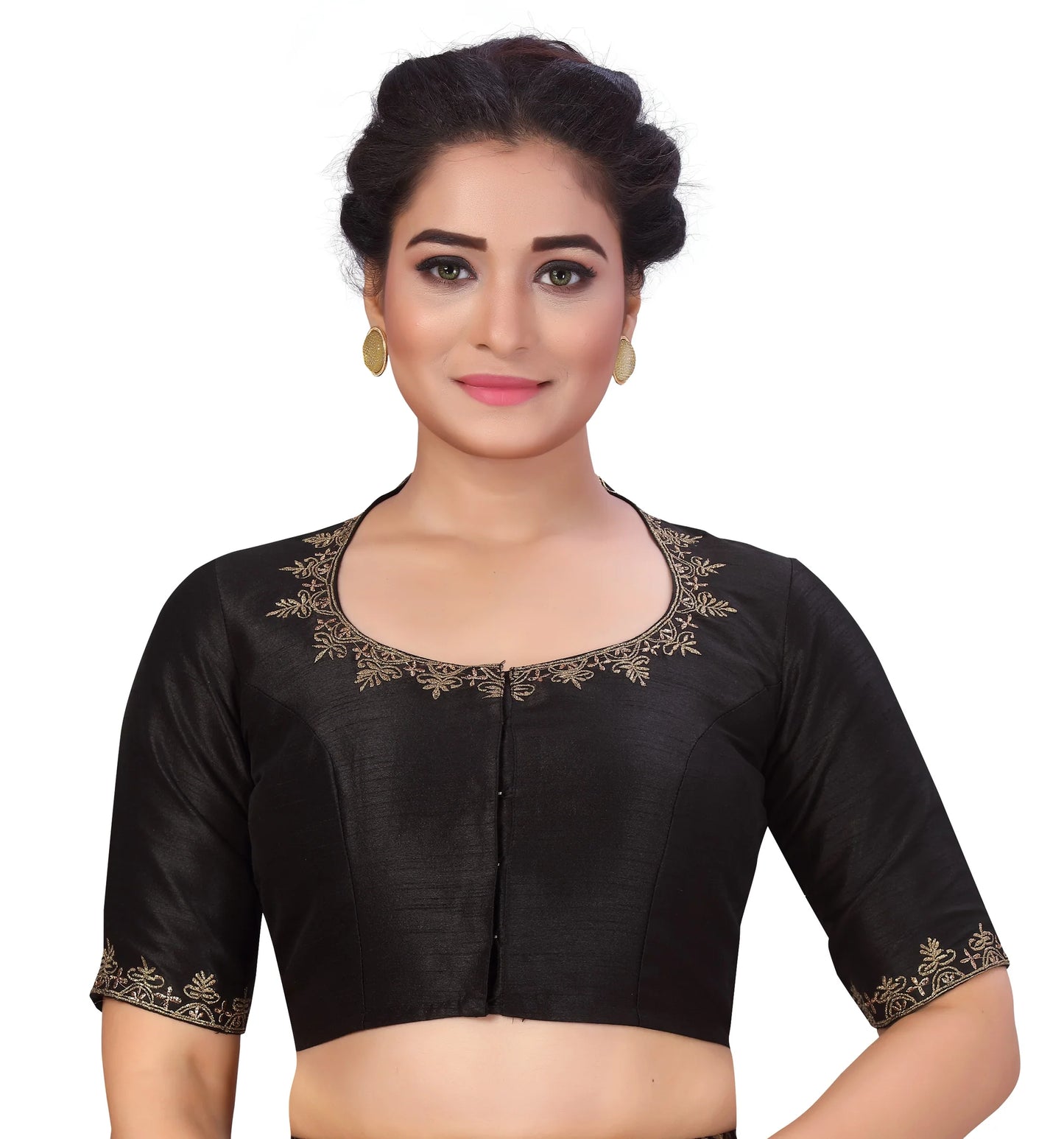 Embroidered Saree Blouse with Matka Neckline - Black