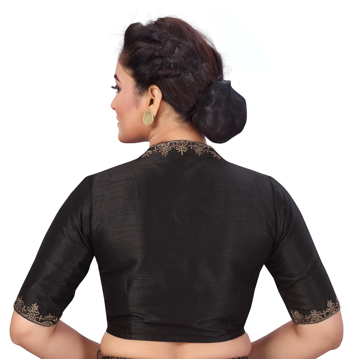 Embroidered Saree Blouse with Matka Neckline - Black