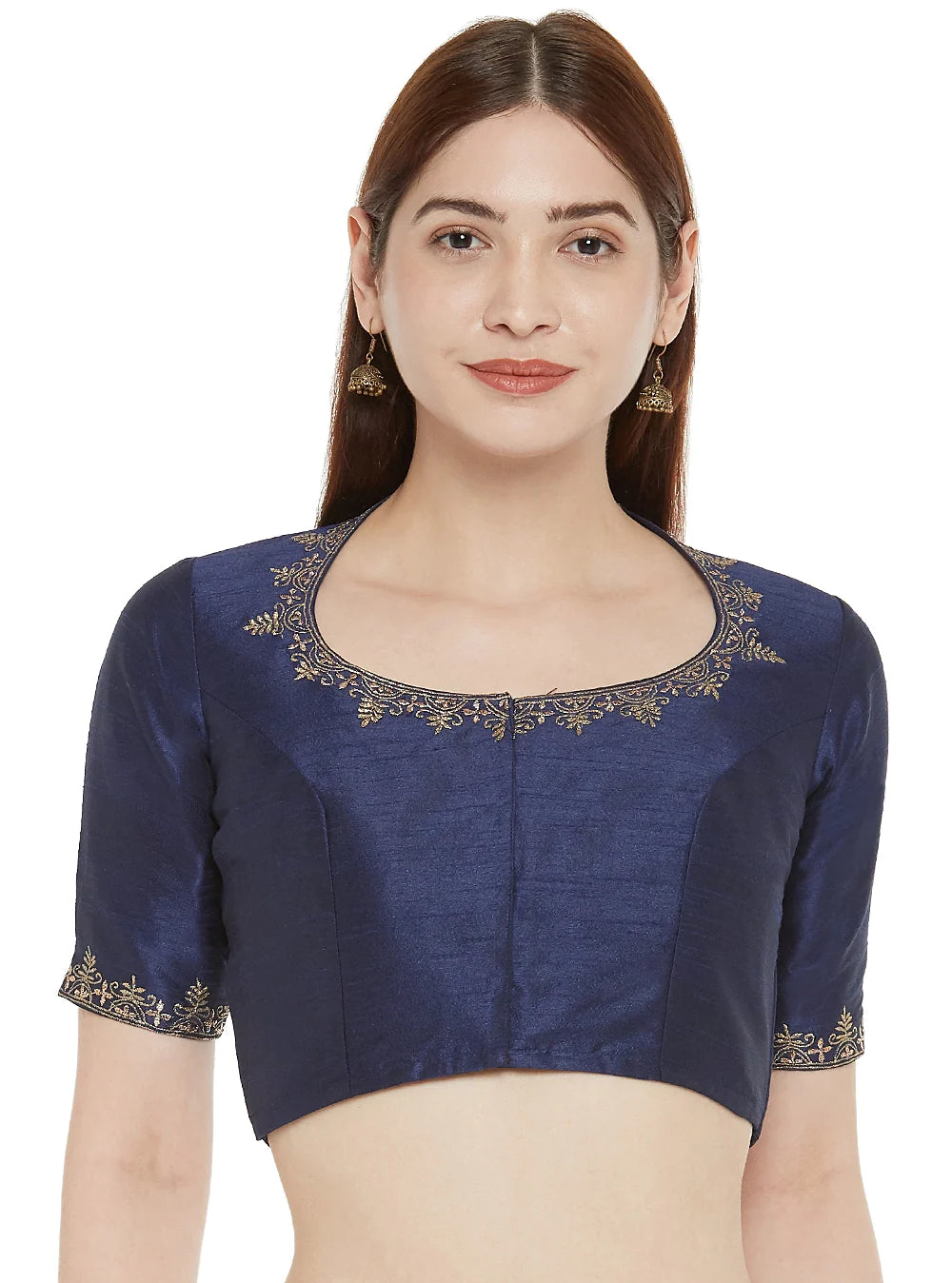 Embroidered Polyester Saree Blouse with Matka Neckline - Navy Blue