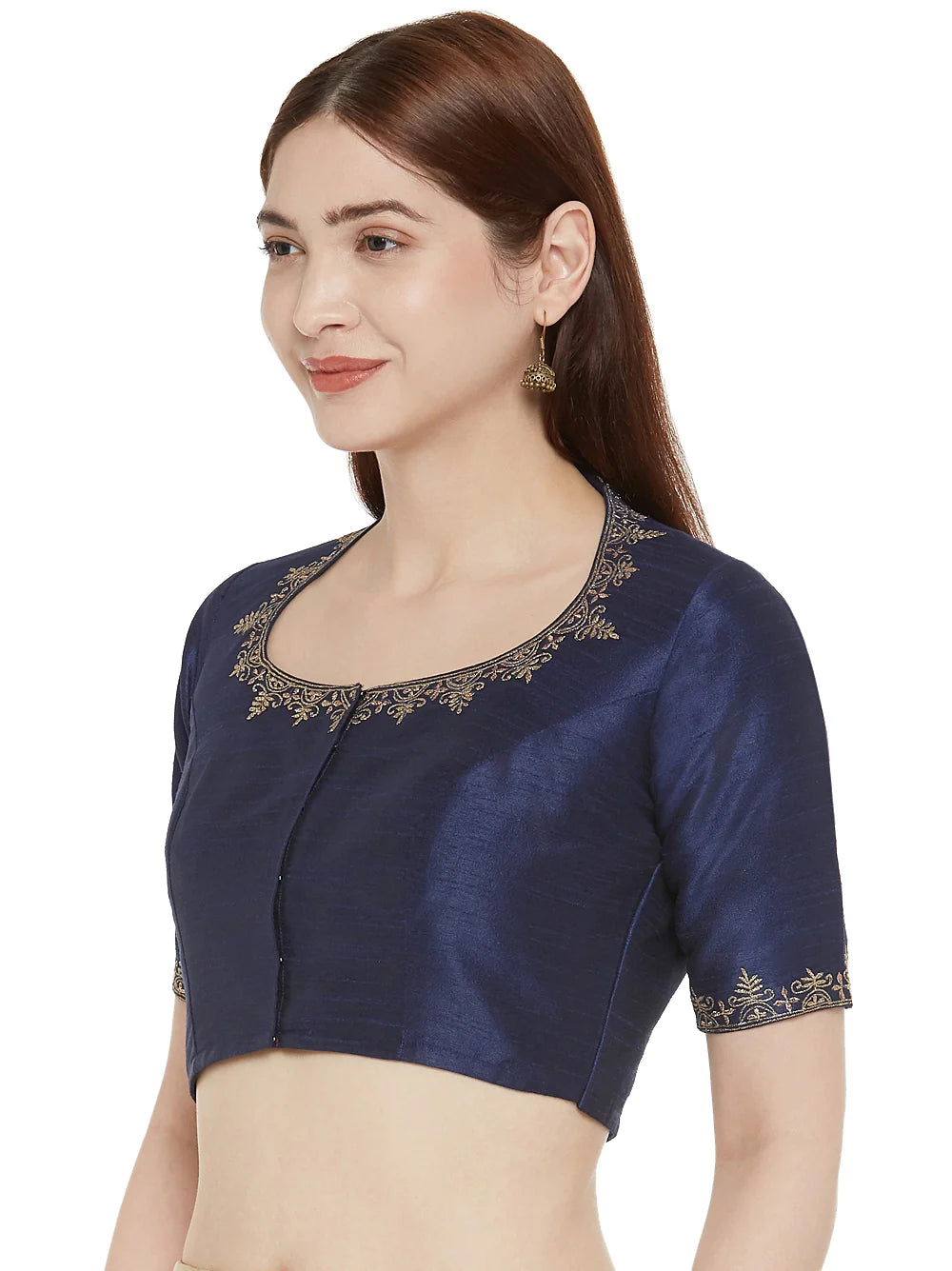 Embroidered Polyester Saree Blouse with Matka Neckline - Navy Blue