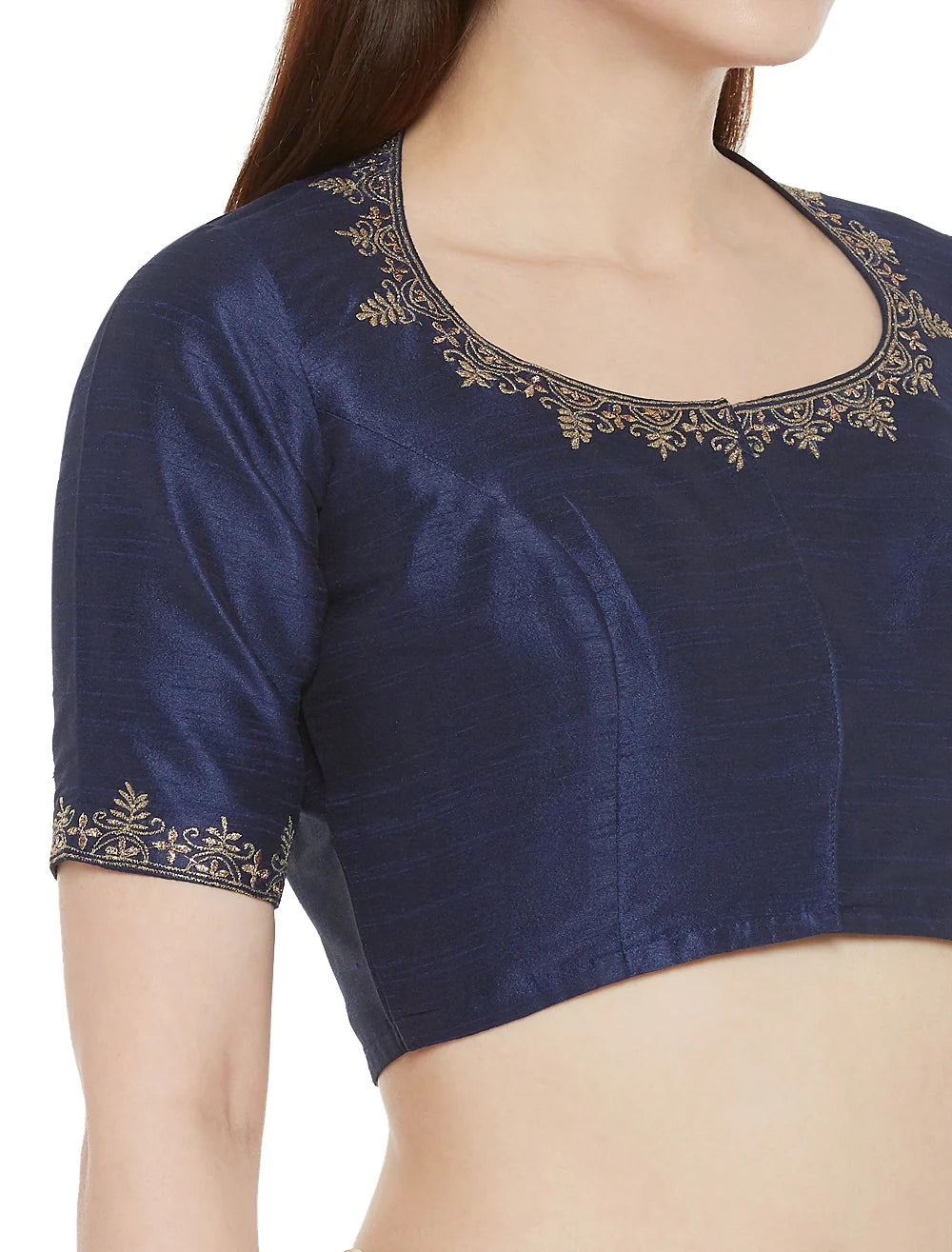Embroidered Polyester Saree Blouse with Matka Neckline - Navy Blue
