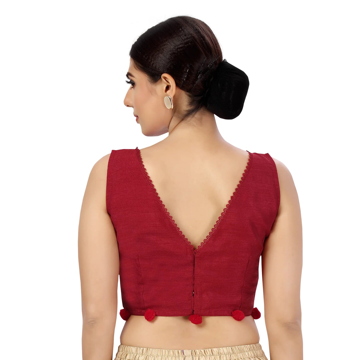 Charming Sleeveless Polyester Blouse with Pompom Detail - Maroon