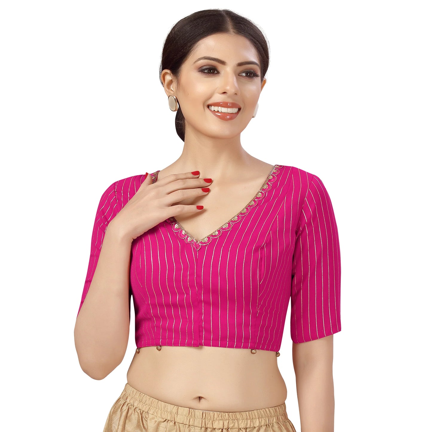 Elegant Pink Georgette Saree Blouse with Golden Embroidery