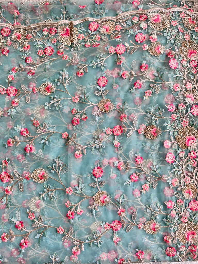 Light Sea Green Floral Embroidered Designer Saree