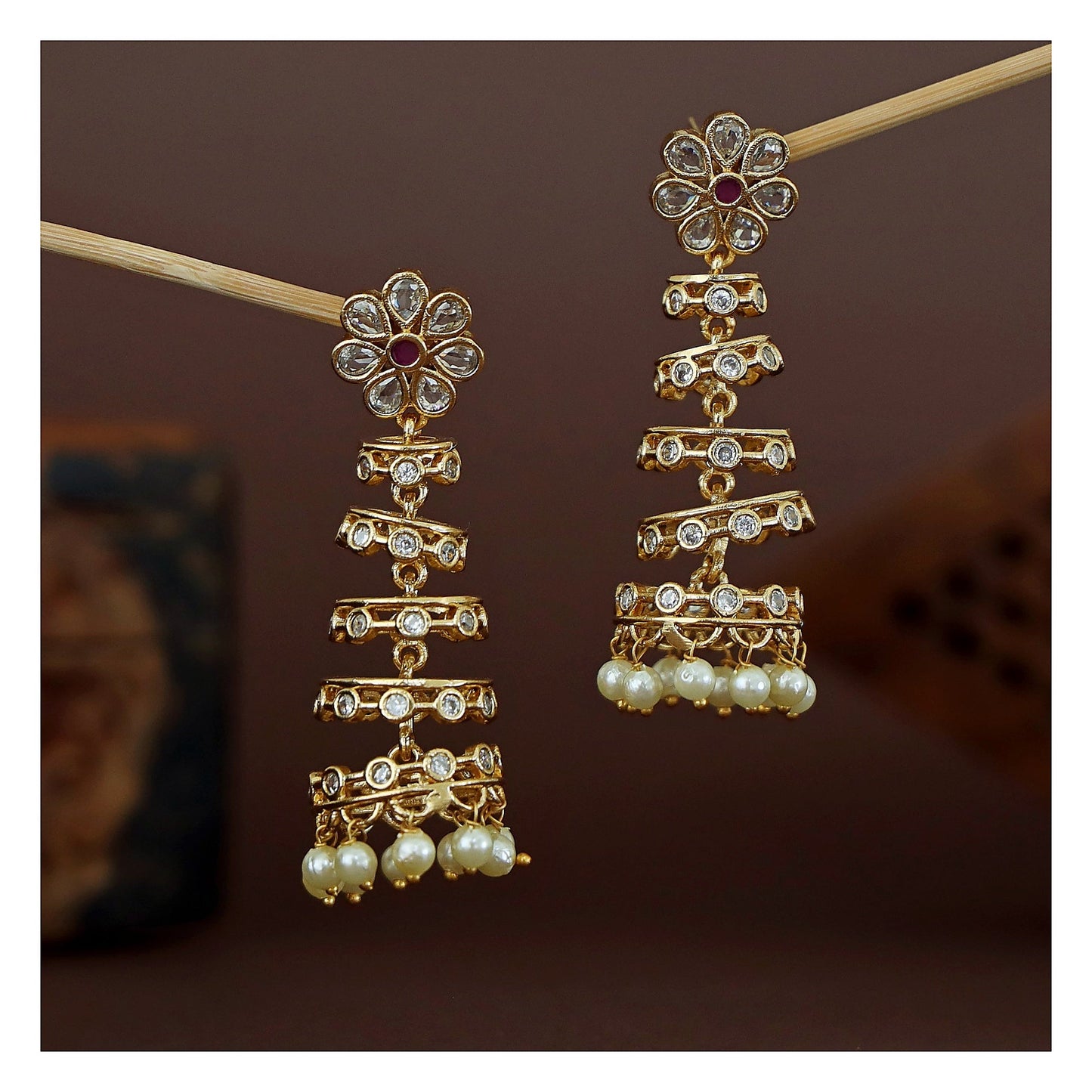5-Layer Pearl Drop Earrings - Tourmaline Stone with Floral Detail front view