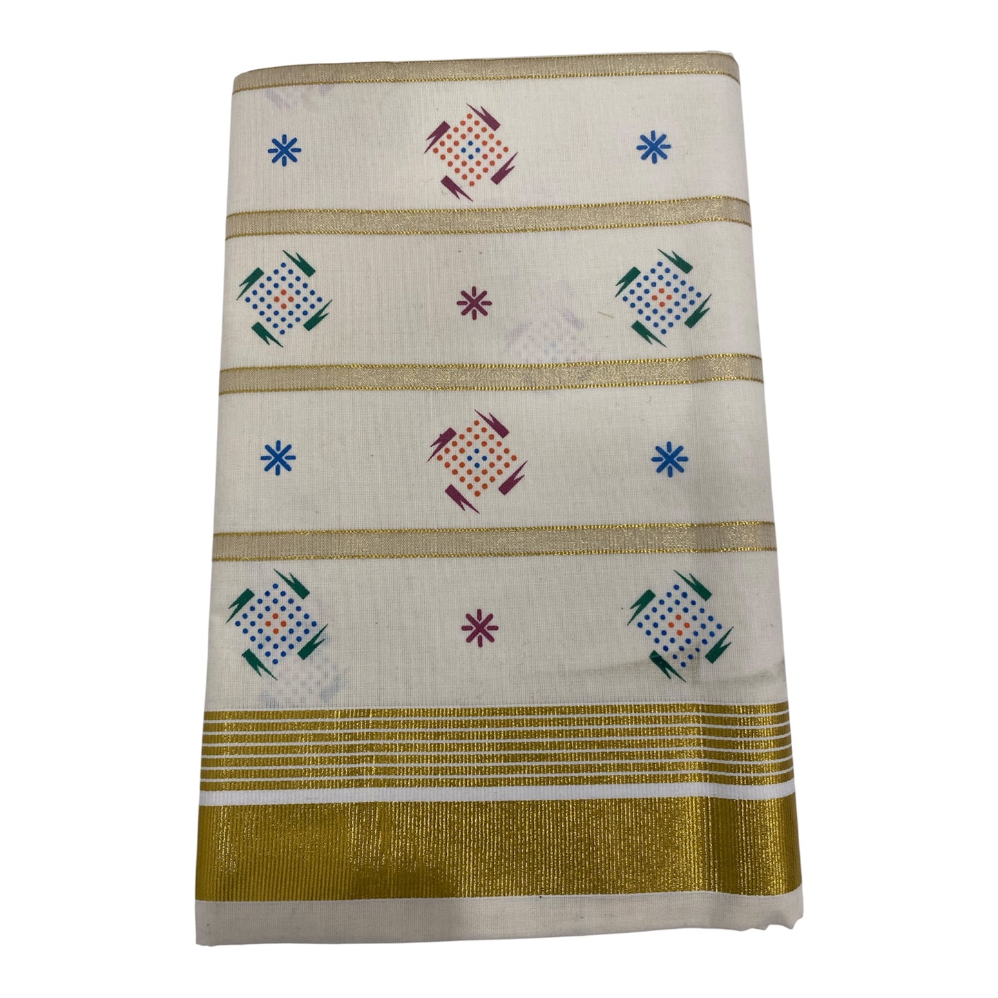 Kerala Cotton Onam Saree with Golden Kasavu Border & Fancy Motifs