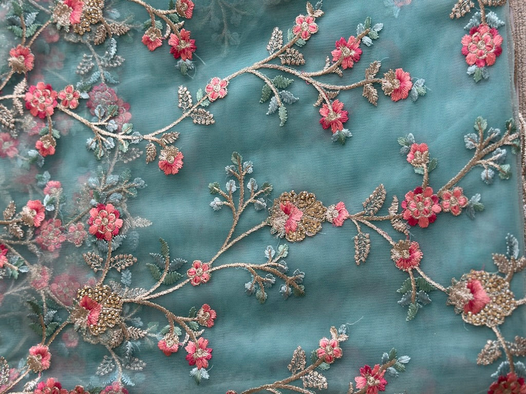 Light Sea Green Floral Embroidered Designer Saree