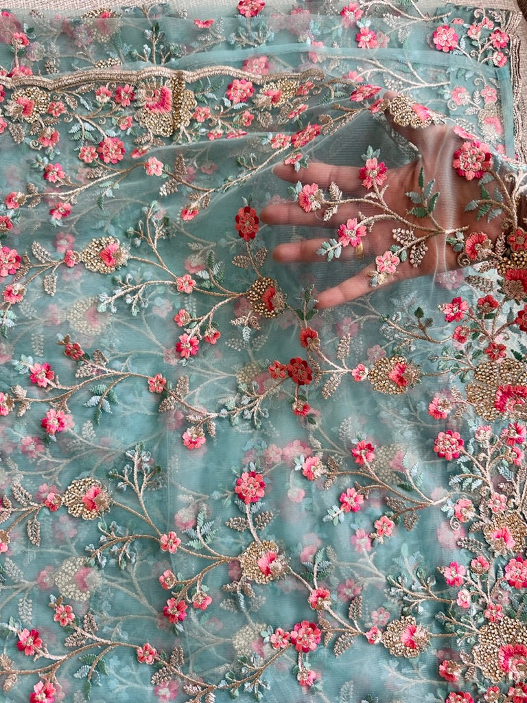 Light Sea Green Floral Embroidered Designer Saree