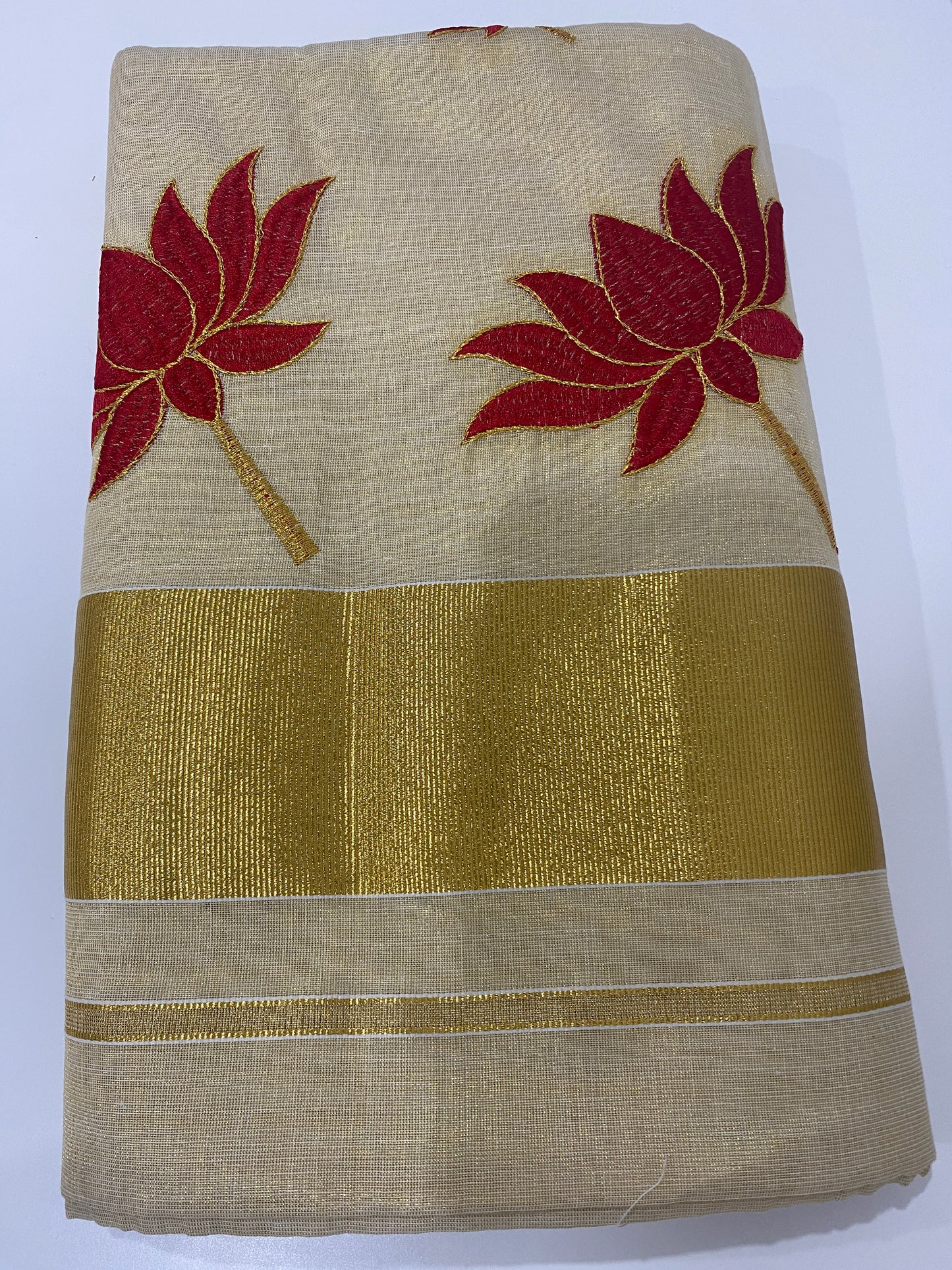 Tissue Saree in Gold with Red Lotus Motifs