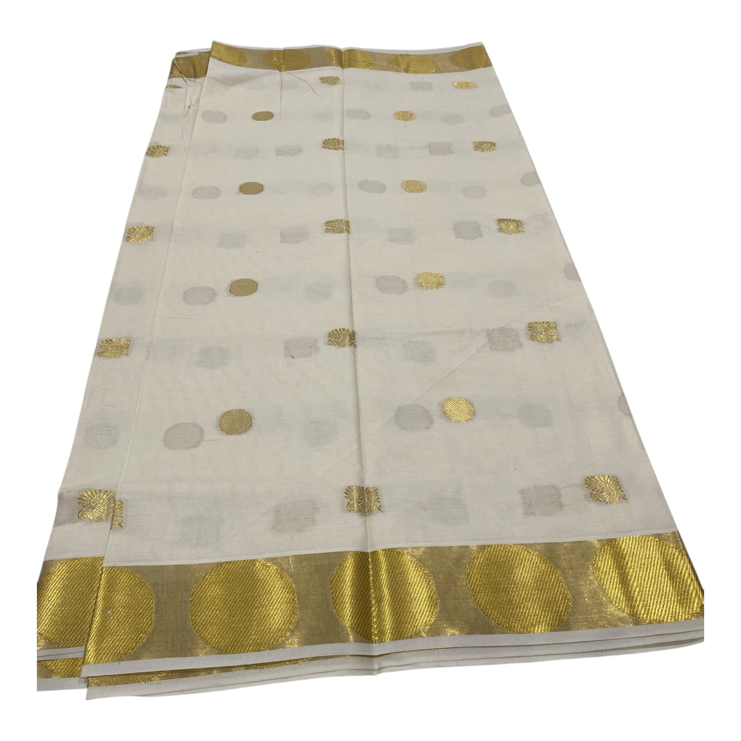 Premium Cotton Saree in Off-White with Golden Buttas and Polka Dot Border