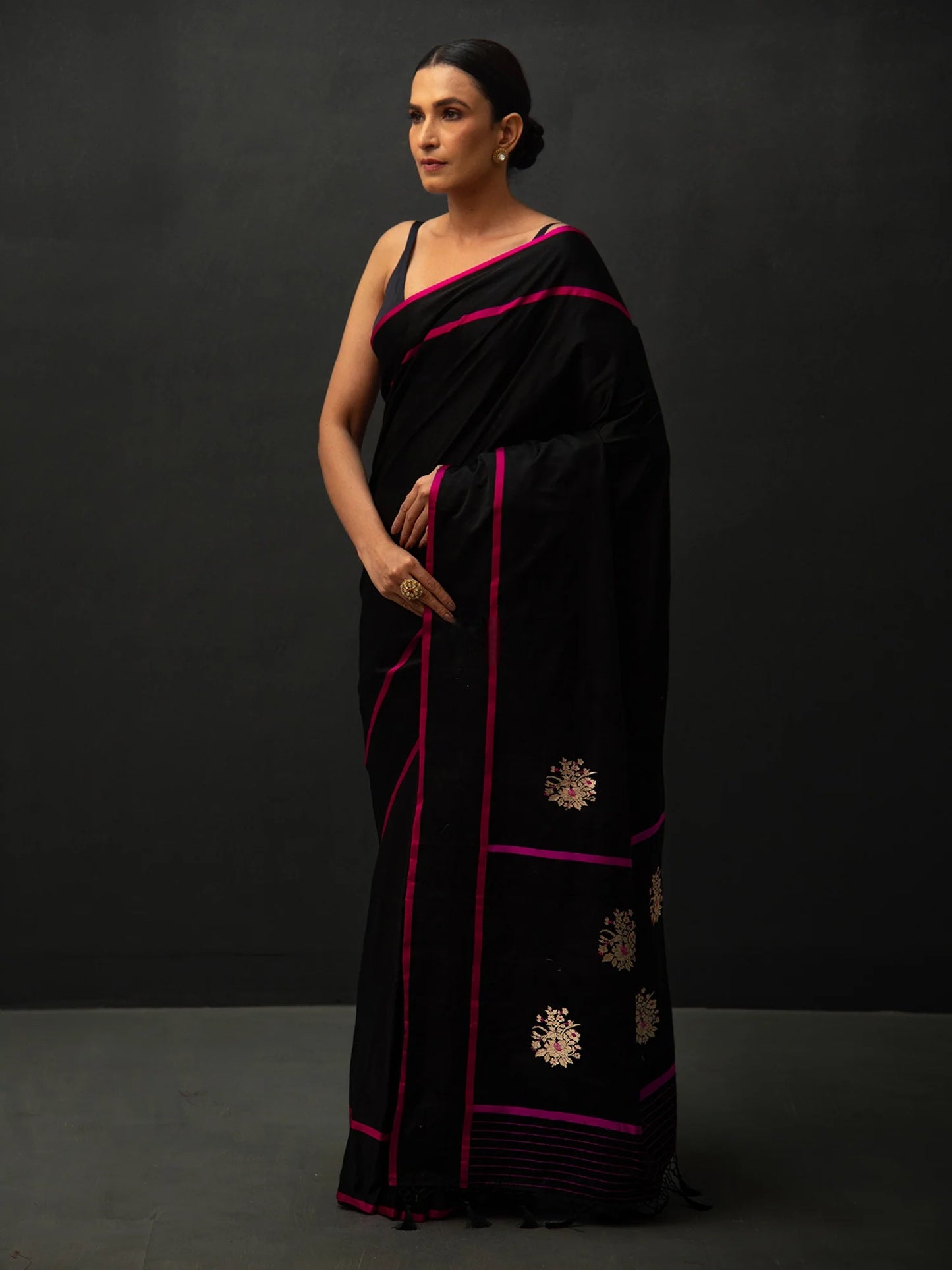Black Meenakari Boota Satin Silk Handloom Banarasi Saree