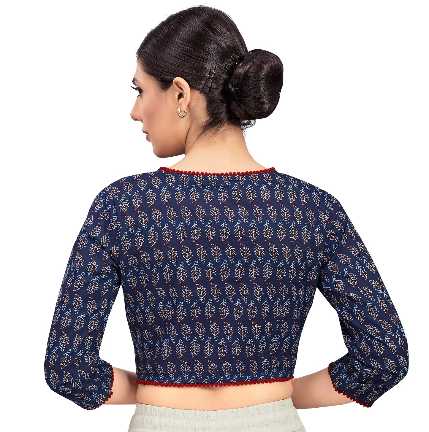Block Print Cotton Blouse - Navy Blue and Maroon