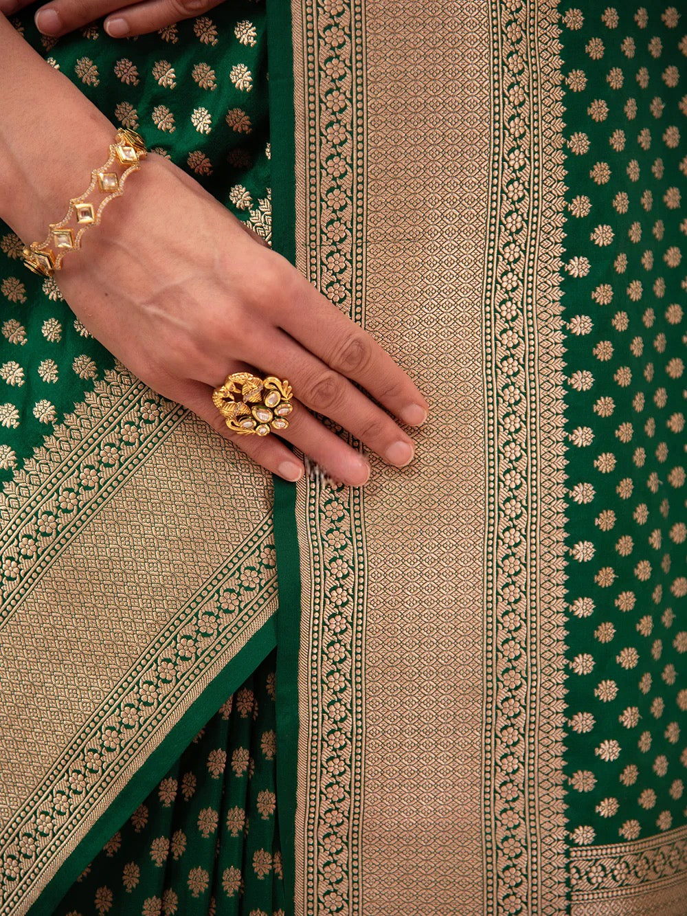 Bottle Green Booti Uppada Katan Silk Handloom Banarasi Saree