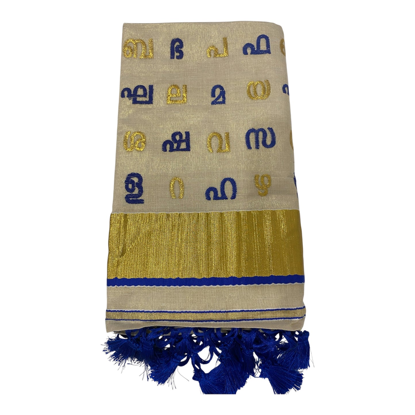 Malayalam Heritage Onam Saree with Royal Blue Letter Motifs and Tassels