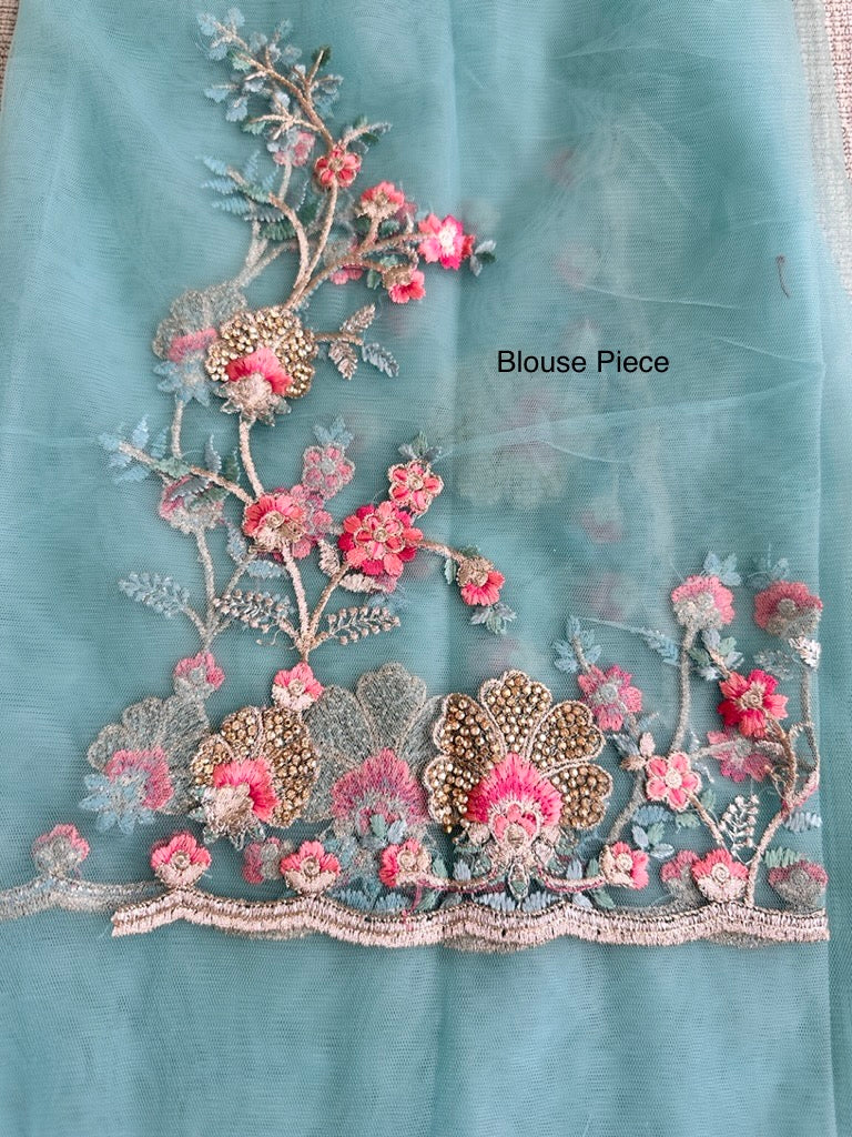 Light Sea Green Floral Embroidered Designer Saree