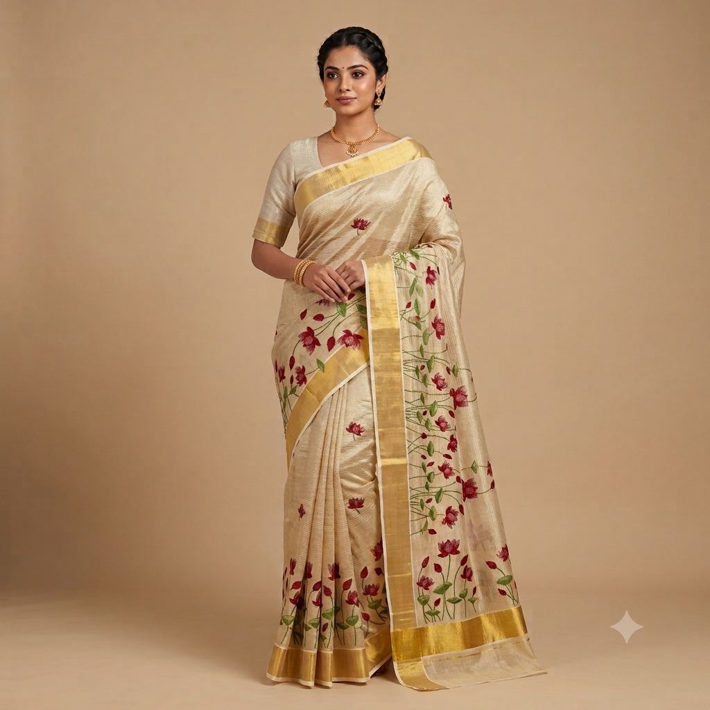 Premium Tissue Saree in Gold with Maroon Floral Motifs - ONAM10