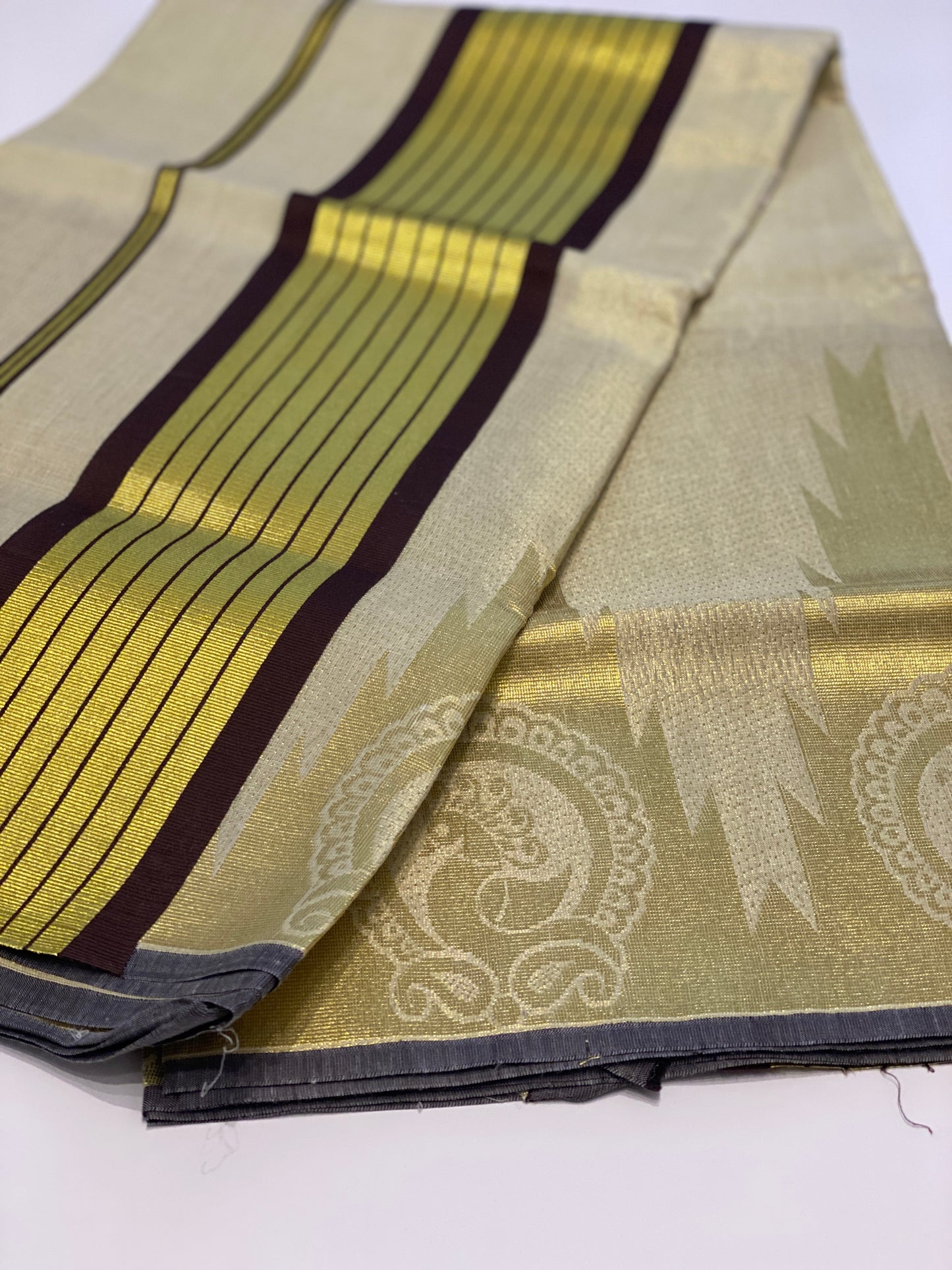 Kerala Tissue Set Saree With Temple Border | Coffee Brown and Golden Border
