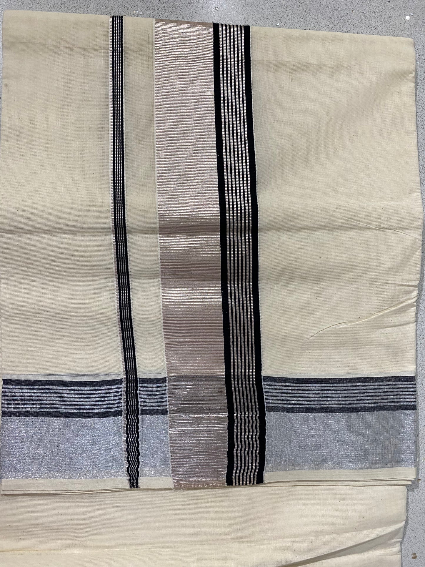 Kerala Set Saree in Silver and Black Lines | Onam Saree