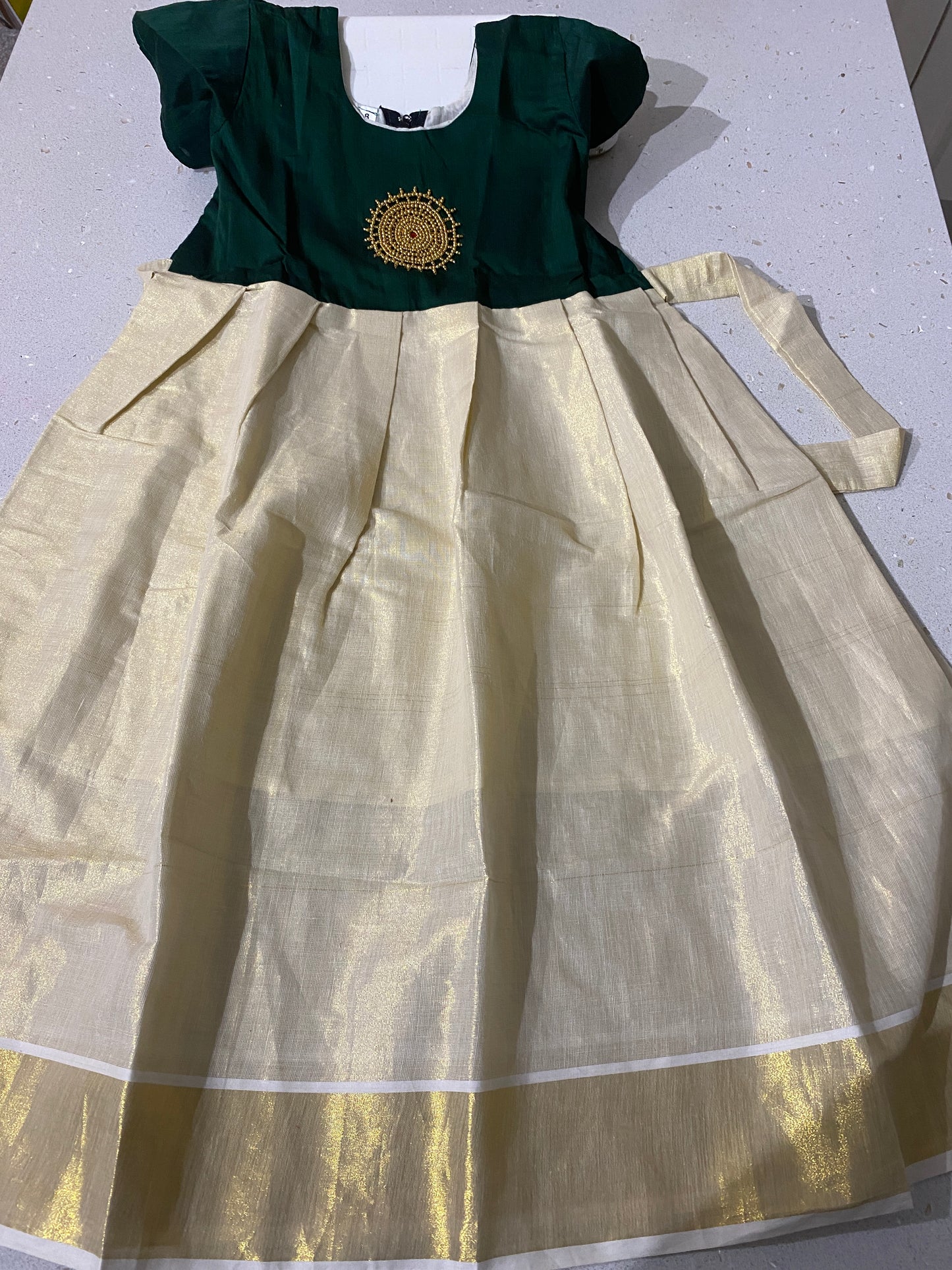 Green Kids Onam Dress - Stitched