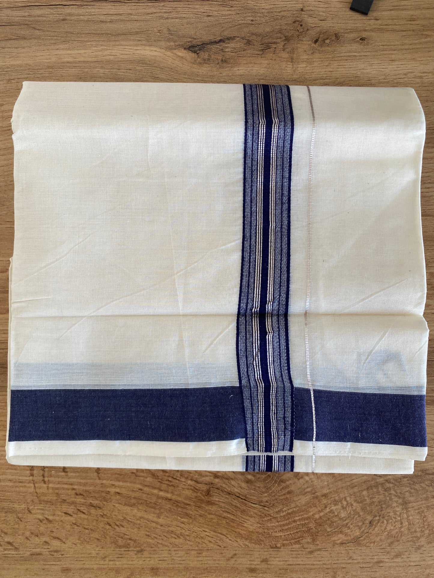Handloom Kerala Cotton Mundu for Gents with Silver and Blue Zari Border