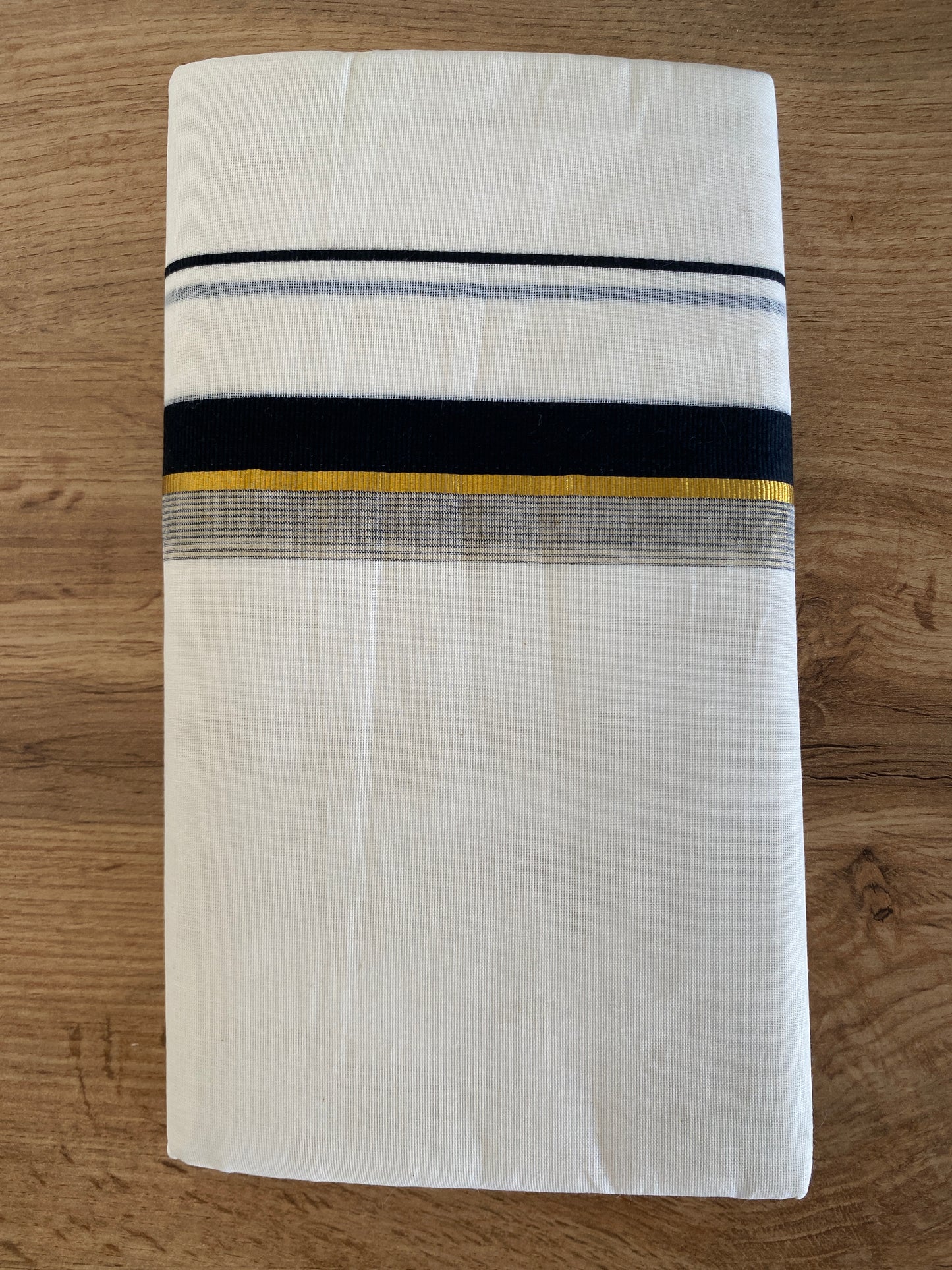 Handloom Kerala Cotton Mundu for Gents with Black and Gold Zari Border