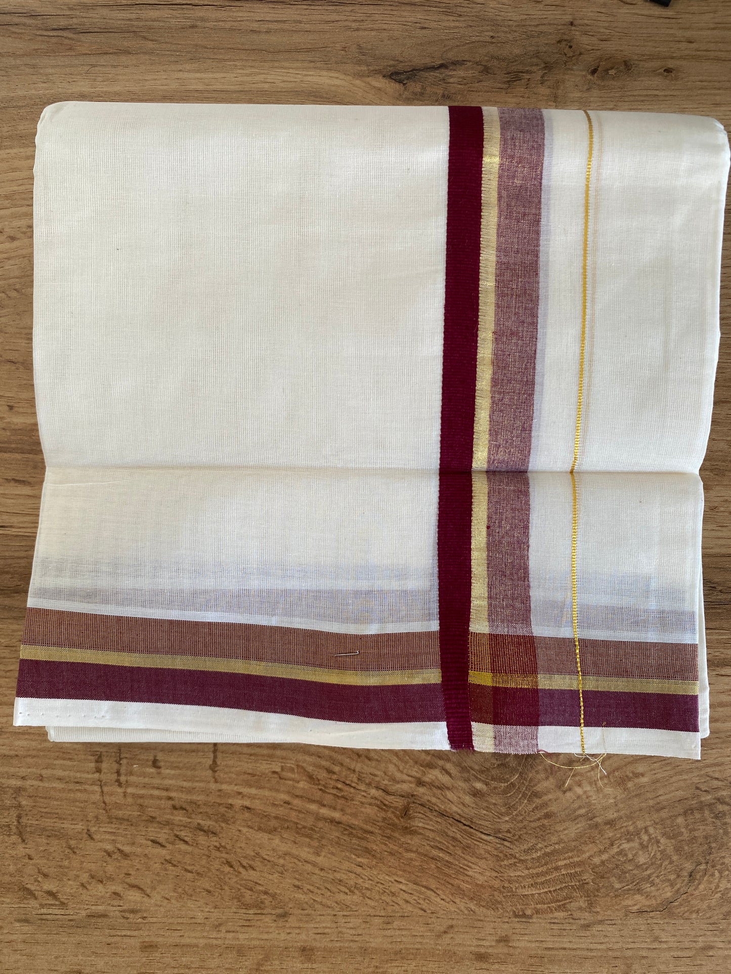 Handloom Kerala Cotton Mundu for Gents with Maroon and Gold Zari Border
