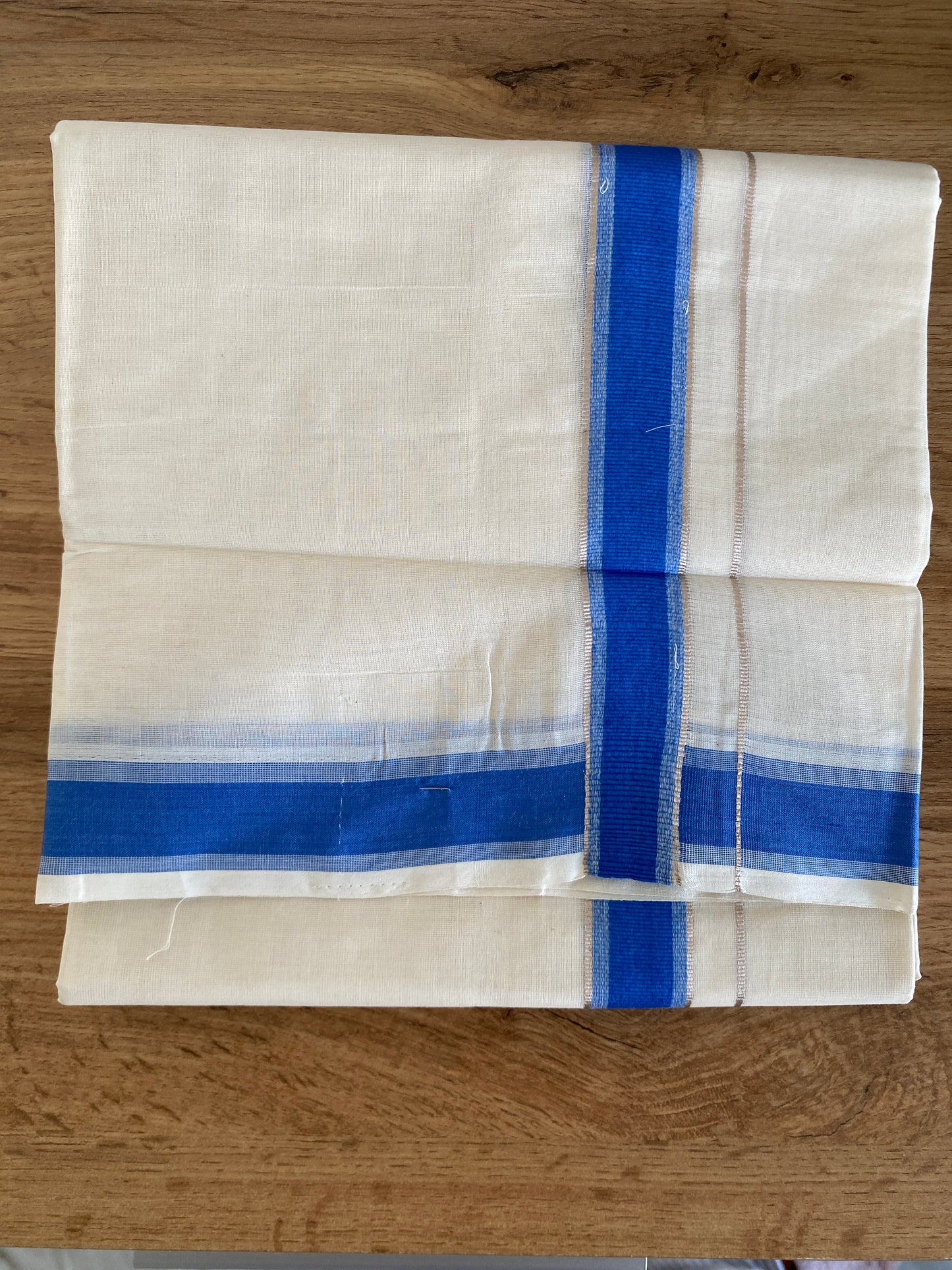 Handloom Kerala Cotton Mundu for Gents with Blue and Silver Zari Border