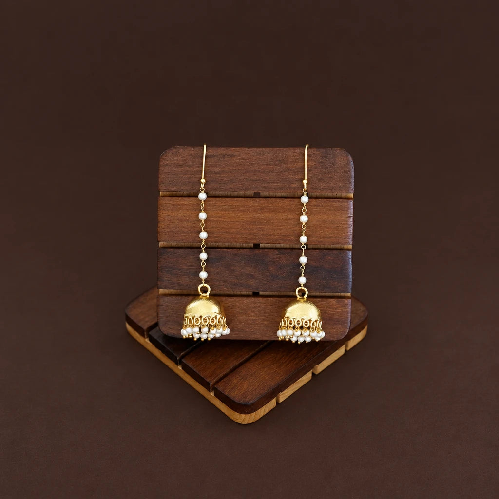 Gold Polish Long Pearl Drop Jhumka Earrings
