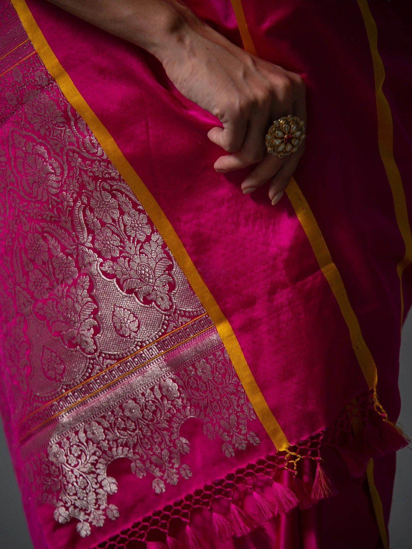 Hot Pink Boota Satin Silk Handloom Banarasi Saree