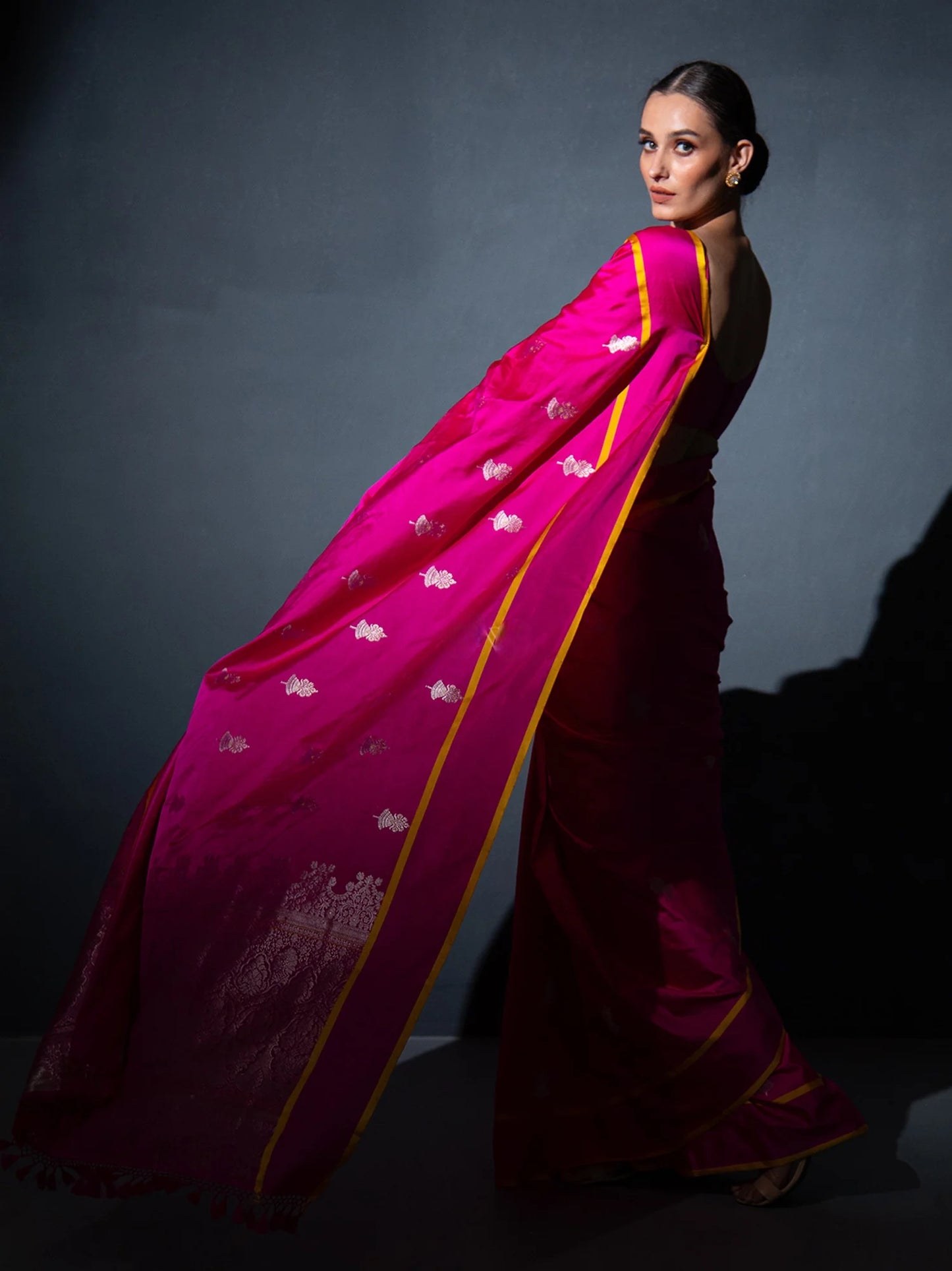 Hot Pink Boota Satin Silk Handloom Banarasi Saree