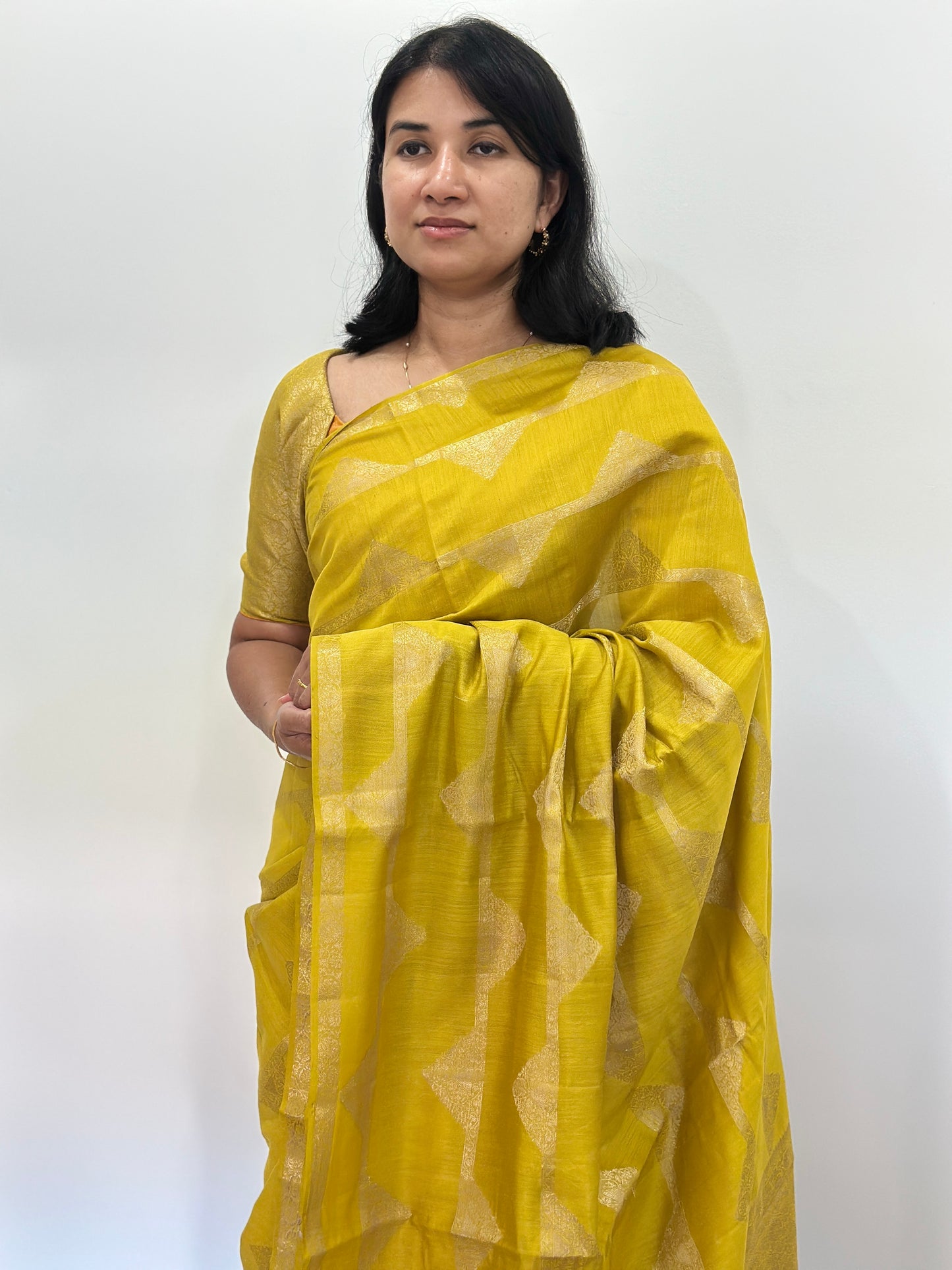 Mustard Green Chiniya Katan Silk Saree with Geometric Patterns, Brocade Blouse & Tassels | Australia