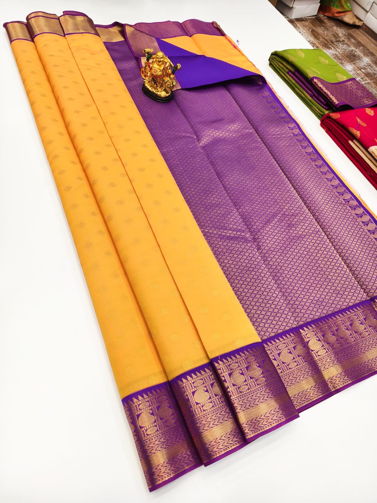 Kanchi Fancy Semi Silk Saree | Yellow and Purple Saree