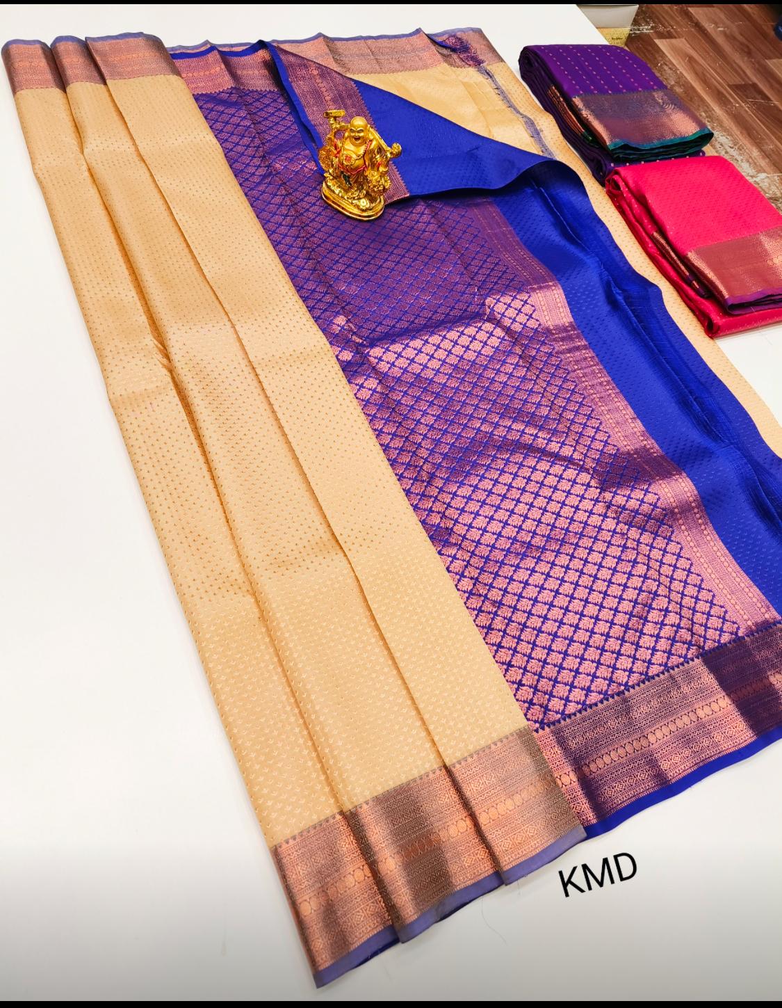 75% Pure Silk Saree - Beige and Royal Blue Saree