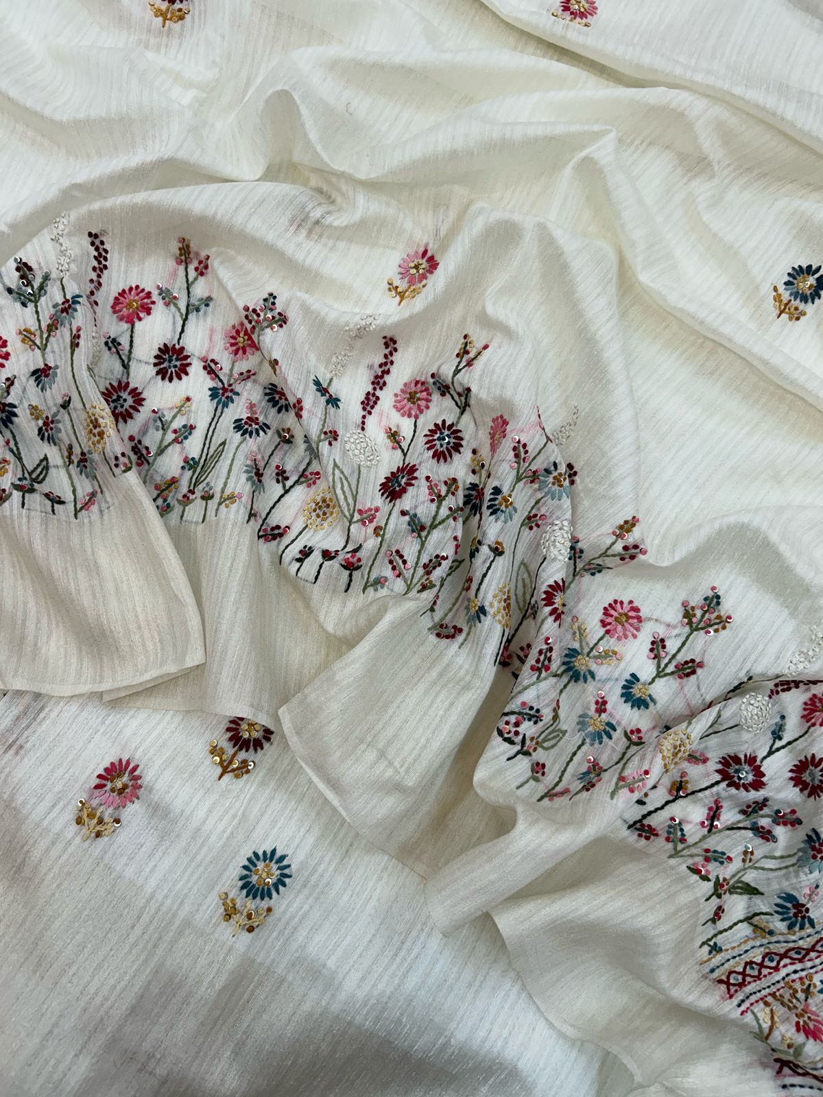 Tussar With Embroidery - Fancy White Saree
