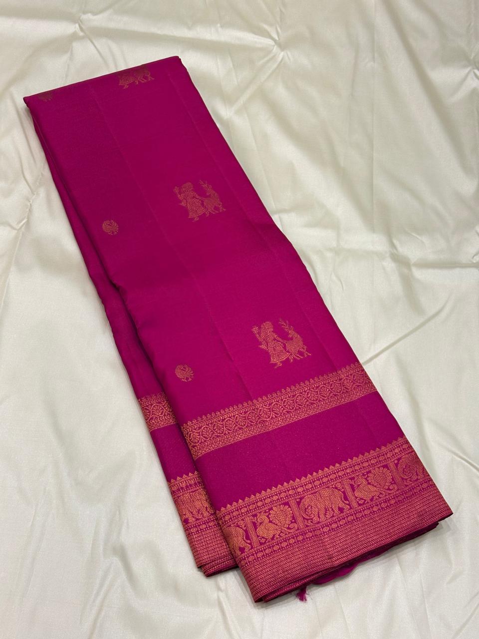 Pure Kanchipuram Silk Saree – Hot Pink with Gold Zari Elephant & Peacock Border