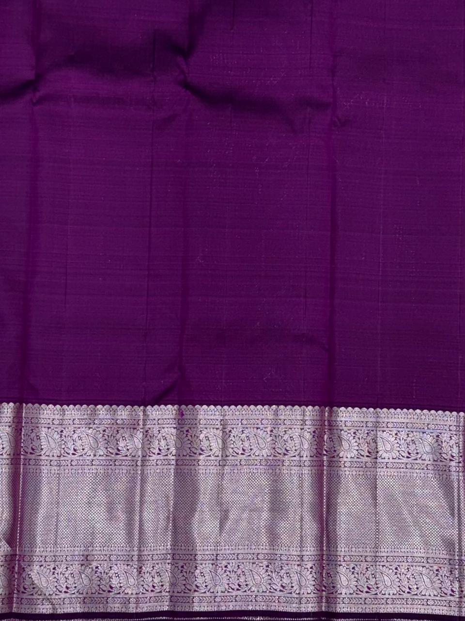 Kanchipuram Soft Silk Saree – Baby Pink with Violet Zari Pallu & Silver Border