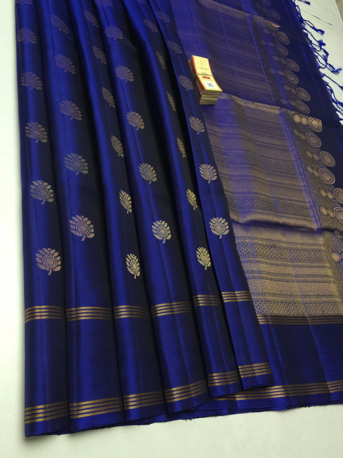 Pure Soft Silk Saree – Royal Blue with Gold Zari Floral Butta | Silk Mark Certified