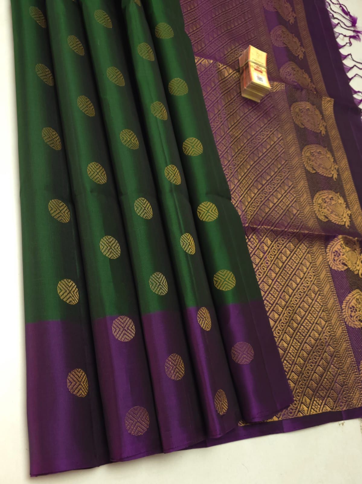 Pure Soft Silk Saree – Green & Purple with Gold Zari Round Butta | Silk Mark Certified