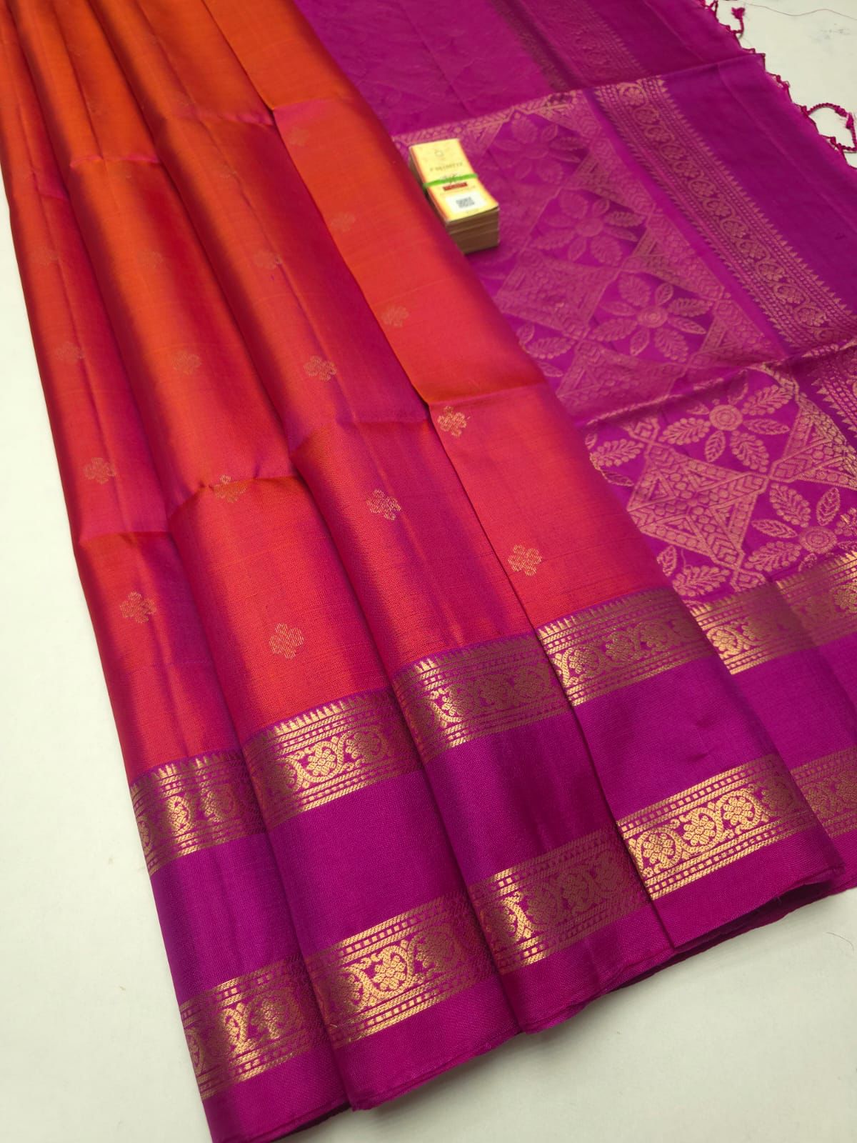 Pure Soft Silk Saree – Dual Tone OrangePink with Pink Contrast Border & Gold Zari Butta | Silk Mark Certified
