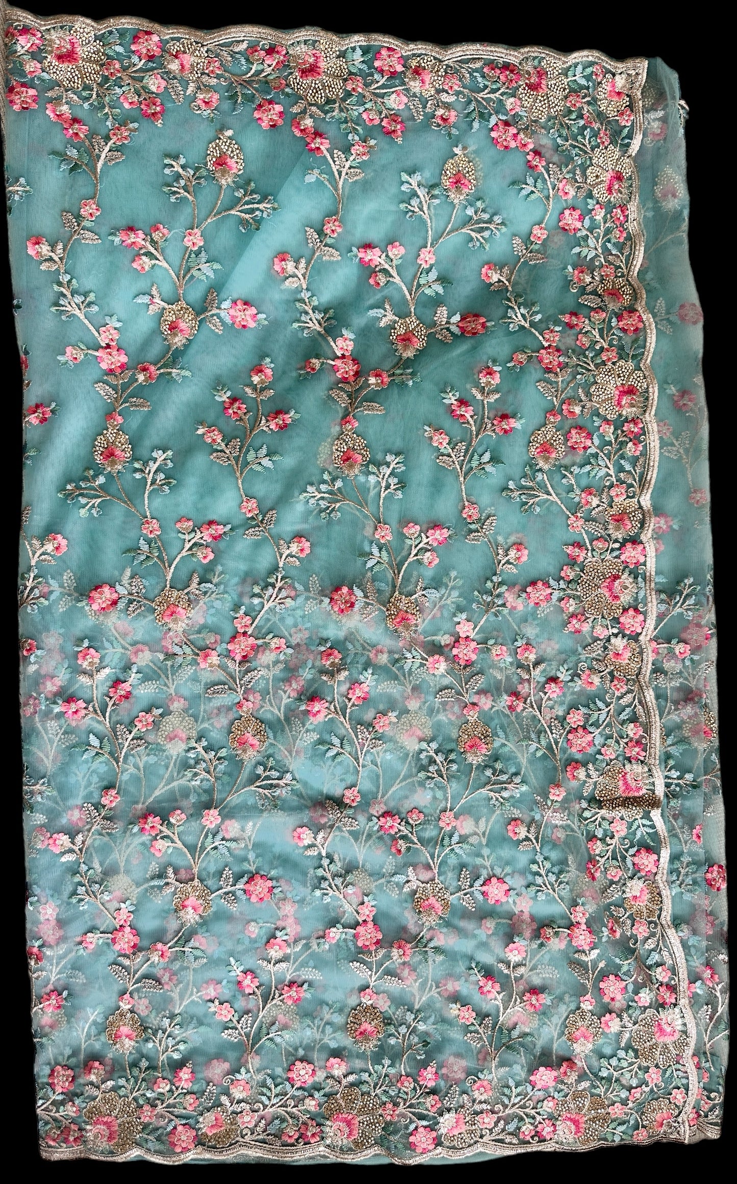 Light Sea Green Floral Embroidered Designer Saree