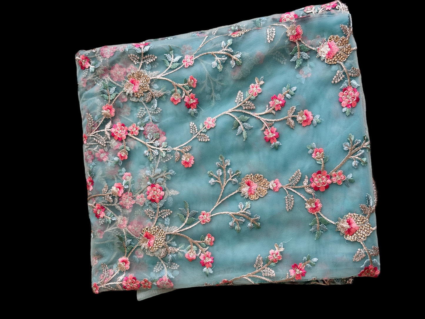 Light Sea Green Floral Embroidered Designer Saree