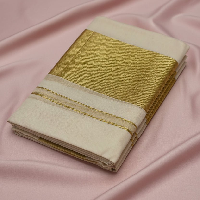 Kerala Set Mundu with 4-Inch Golden Kara – Traditional Elegance for Onam & Festive Celebrations