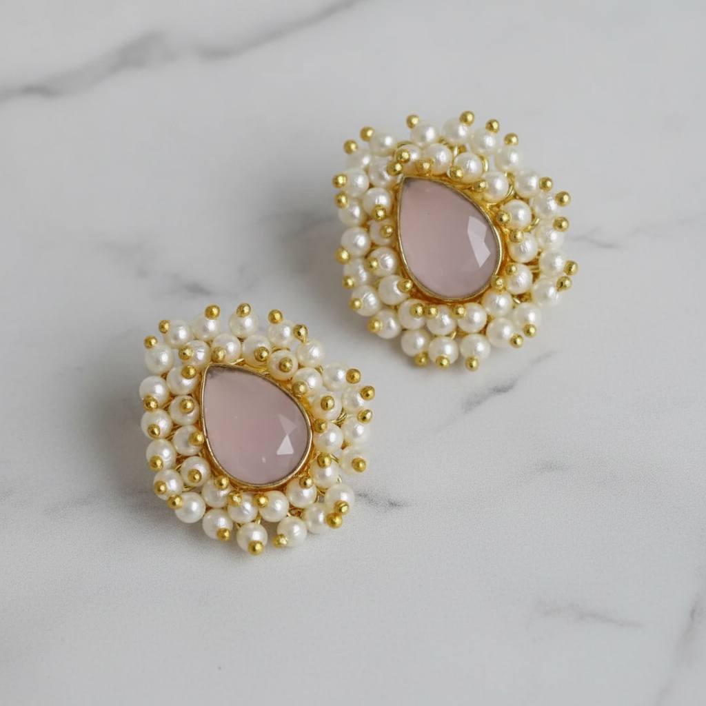 Stud Earrings - Baby Pink Pear Stone with Pearl Cluster