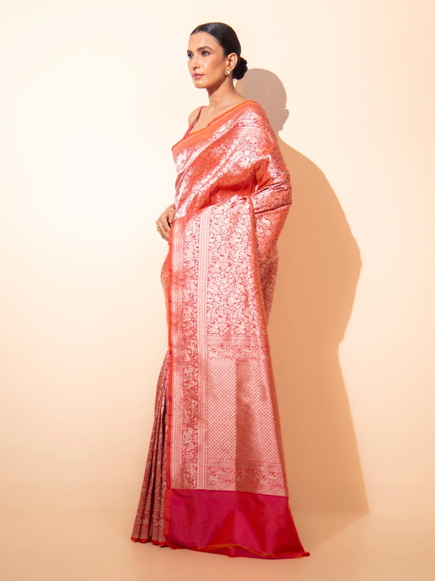 Pink Orange Shikargah Brocade Katan Silk Banarasi Saree
