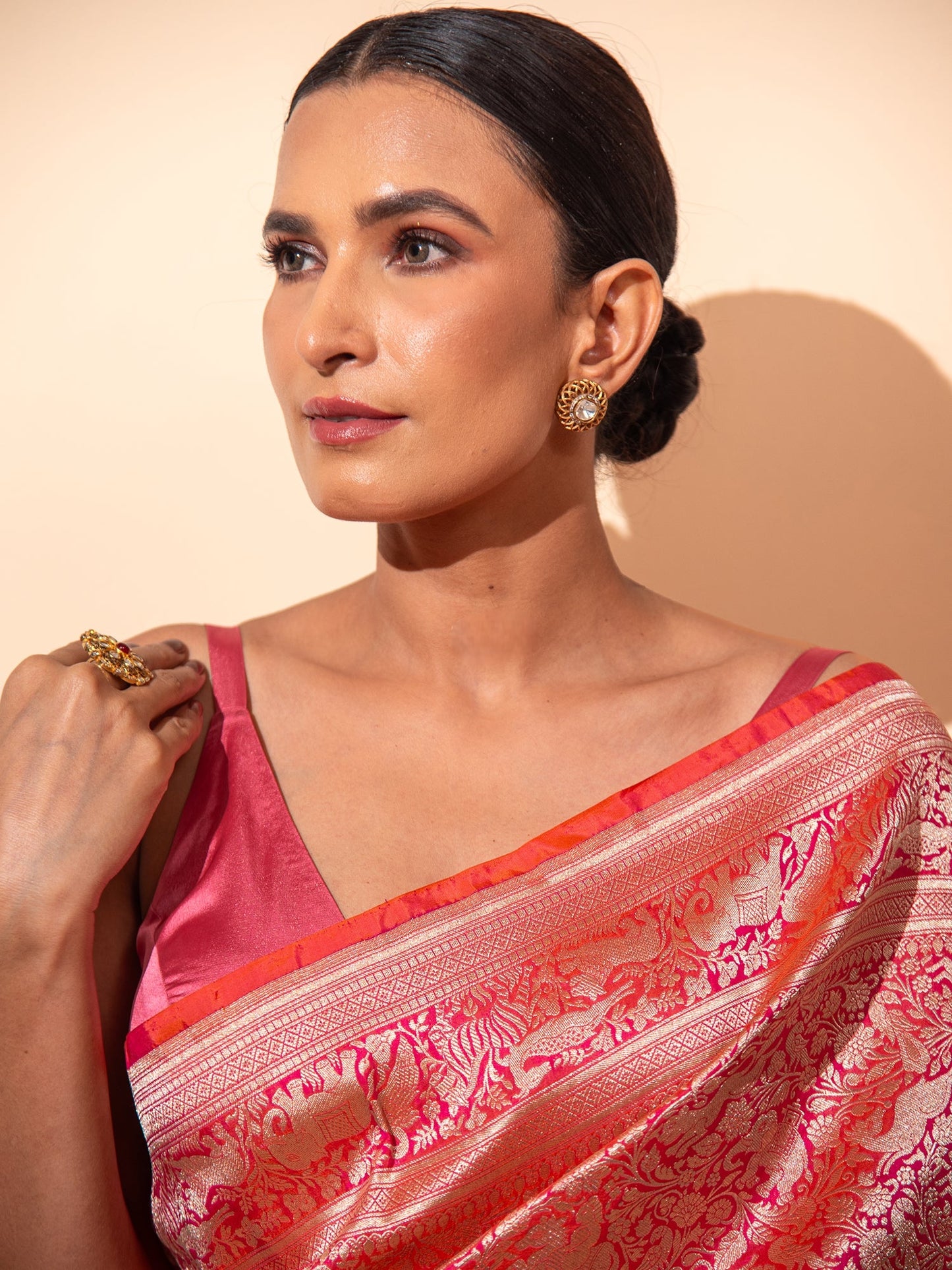 Pink Orange Shikargah Brocade Katan Silk Banarasi Saree