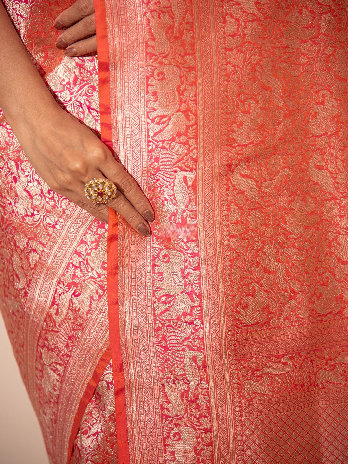 Pink Orange Shikargah Brocade Katan Silk Banarasi Saree