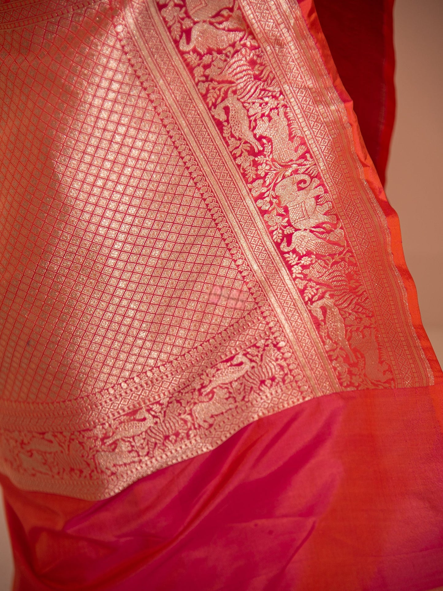 Pink Orange Shikargah Brocade Katan Silk Banarasi Saree